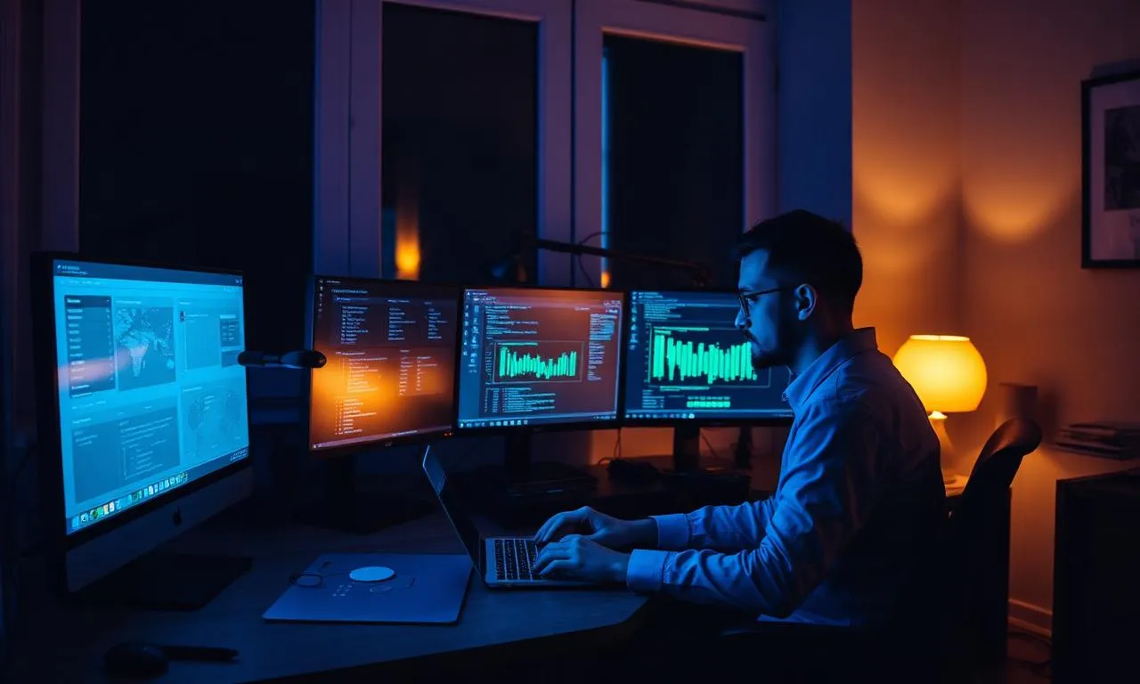 Freelance cybersecurity consultant working from a home office at night