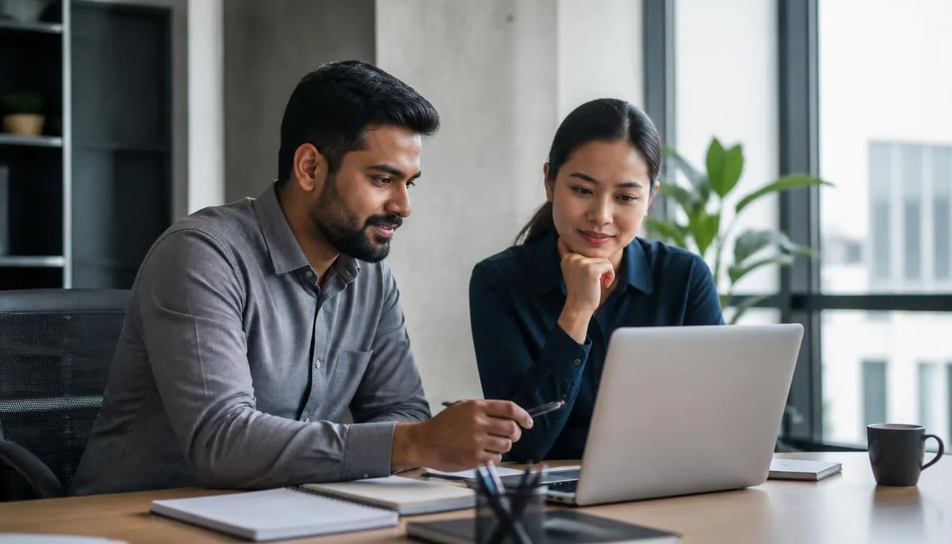 Two cybersecurity professionals working through an online course together on a laptop in a bright modern office