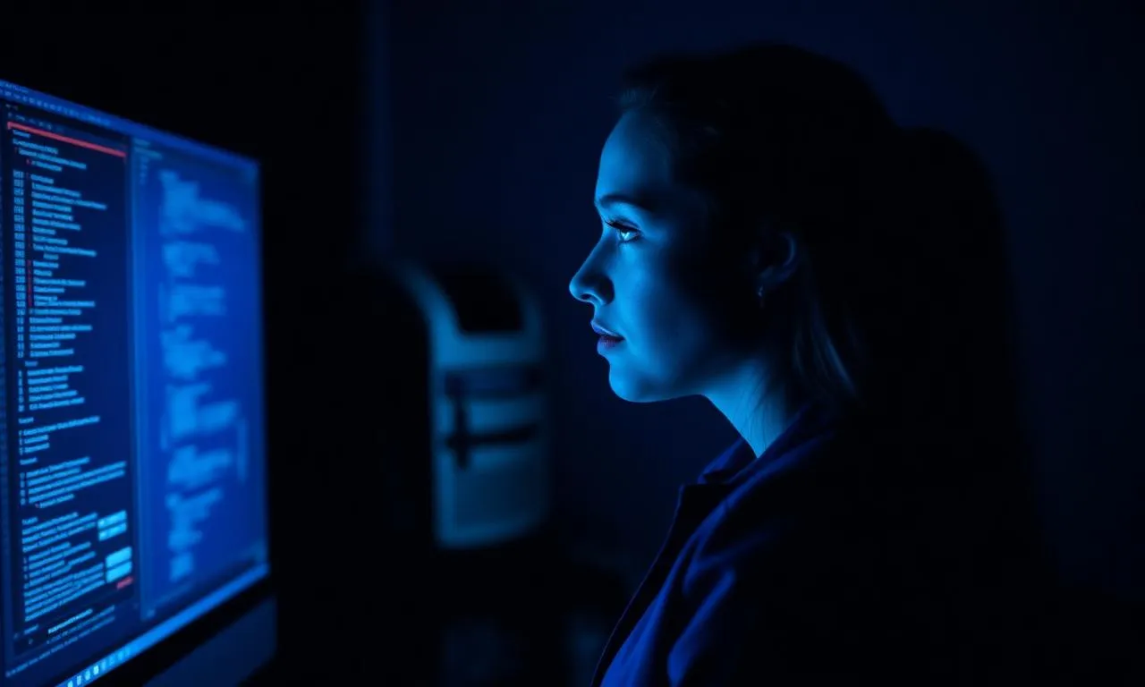 Female cybersecurity professional in profile lit by a glowing blue screen