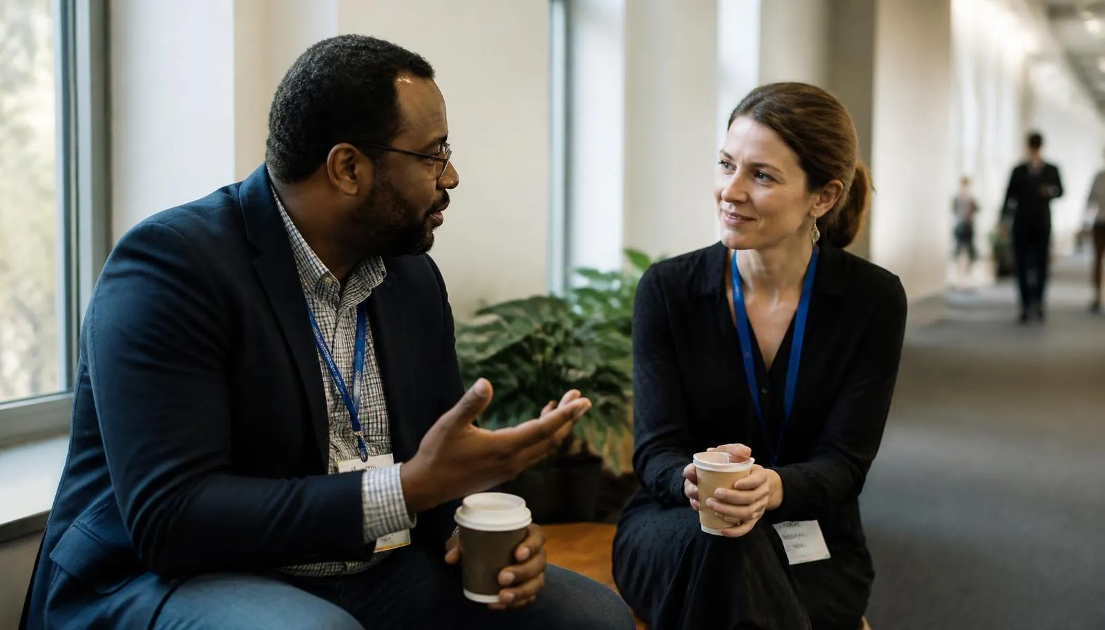 Two cybersecurity professionals with conference lanyards sitting in a daylit venue corridor, talking over coffee
