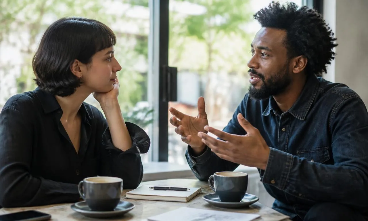 Two professionals in a one-to-one mentoring conversation over coffee at a daylit cafe table