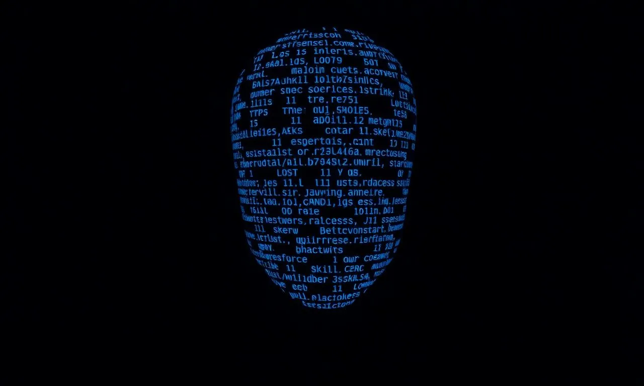 Anonymous human silhouette made of glowing blue skill tags and code