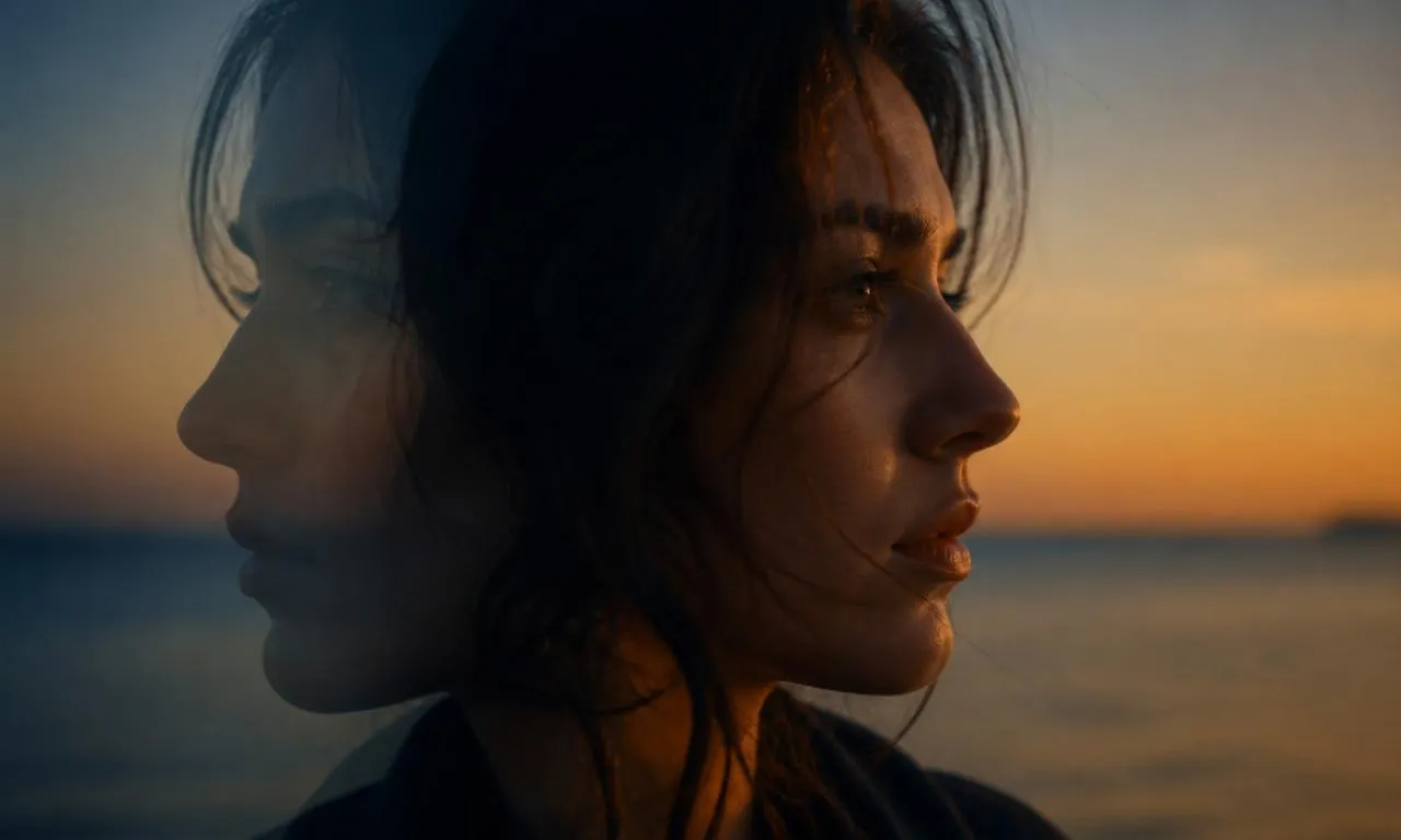 A cinematic dusk portrait of a woman in profile with a second, slightly ghosted version of her own face offset behind her — one real, one not quite right